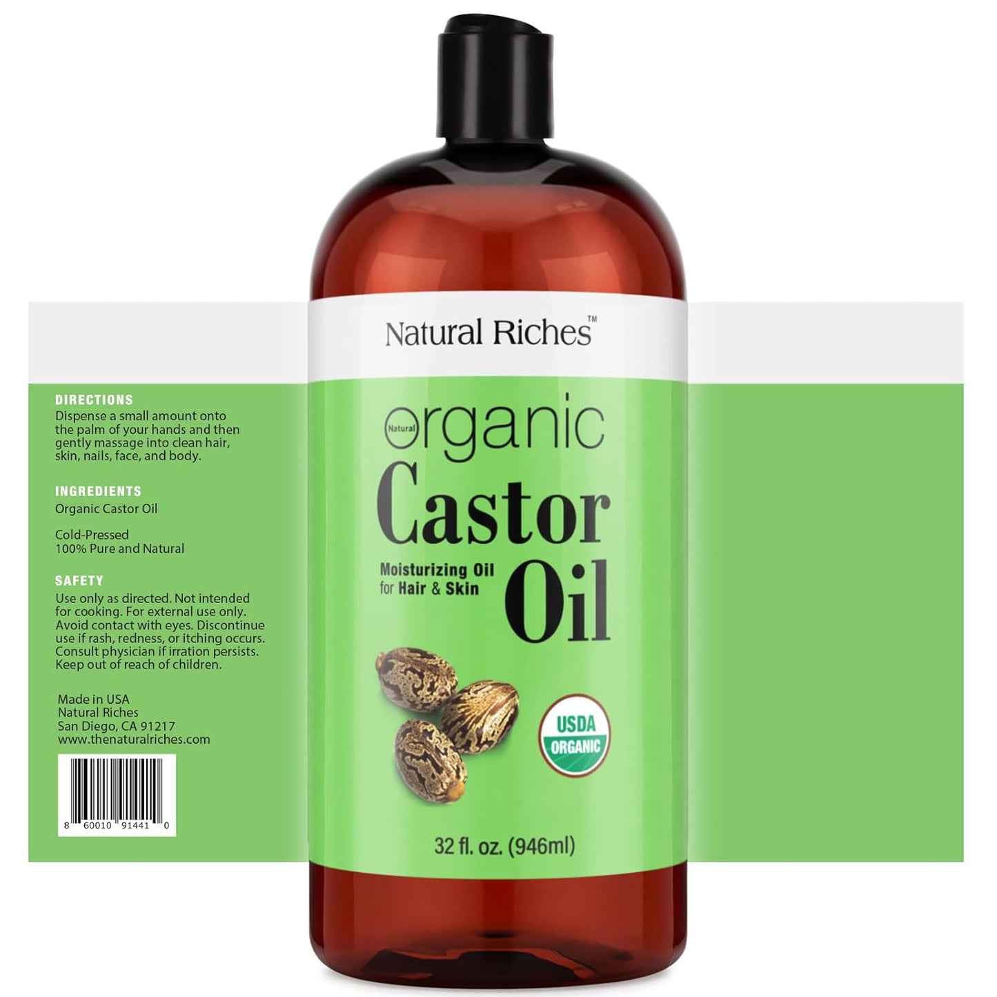 Natural Riches Organic Castor Oil - Cold Pressed, USDA Certified for Dry Skin, Hair Loss, Dandruff, Hair Growth, and Thicker Eyelashes & Eyebrows - 32 fl. oz.