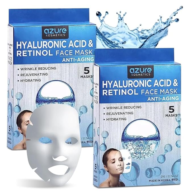 AZURE Hyaluronic Acid & Retinol Anti Aging Facial Mask - Dermatologist Tested - Rejuvenating & Hydrating Face Mask - Helps Reduce Fine Lines & Wrinkles, Smooths & Repairs - Korean Skin Care - 10 Pack