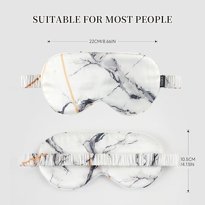 THXSILK Sleep Mask 100% 19 Momme Pure Mulberry Silk Super Smooth Cooling Decorative Sleep Eye Mask Blackout Eye Cover with Wide Head Strap, Marble-White