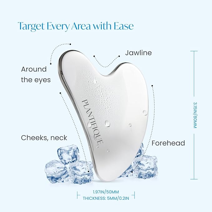 PLANTIFIQUE Gold Under Eye Patches for Puffy Eyes and Dark Circles 5 Pairs and Stainless Steel Gua Sha Facial Tool, Skin Massage Tool for Face, Body, Eyes, Neck, Heart Style with Travel Pouch