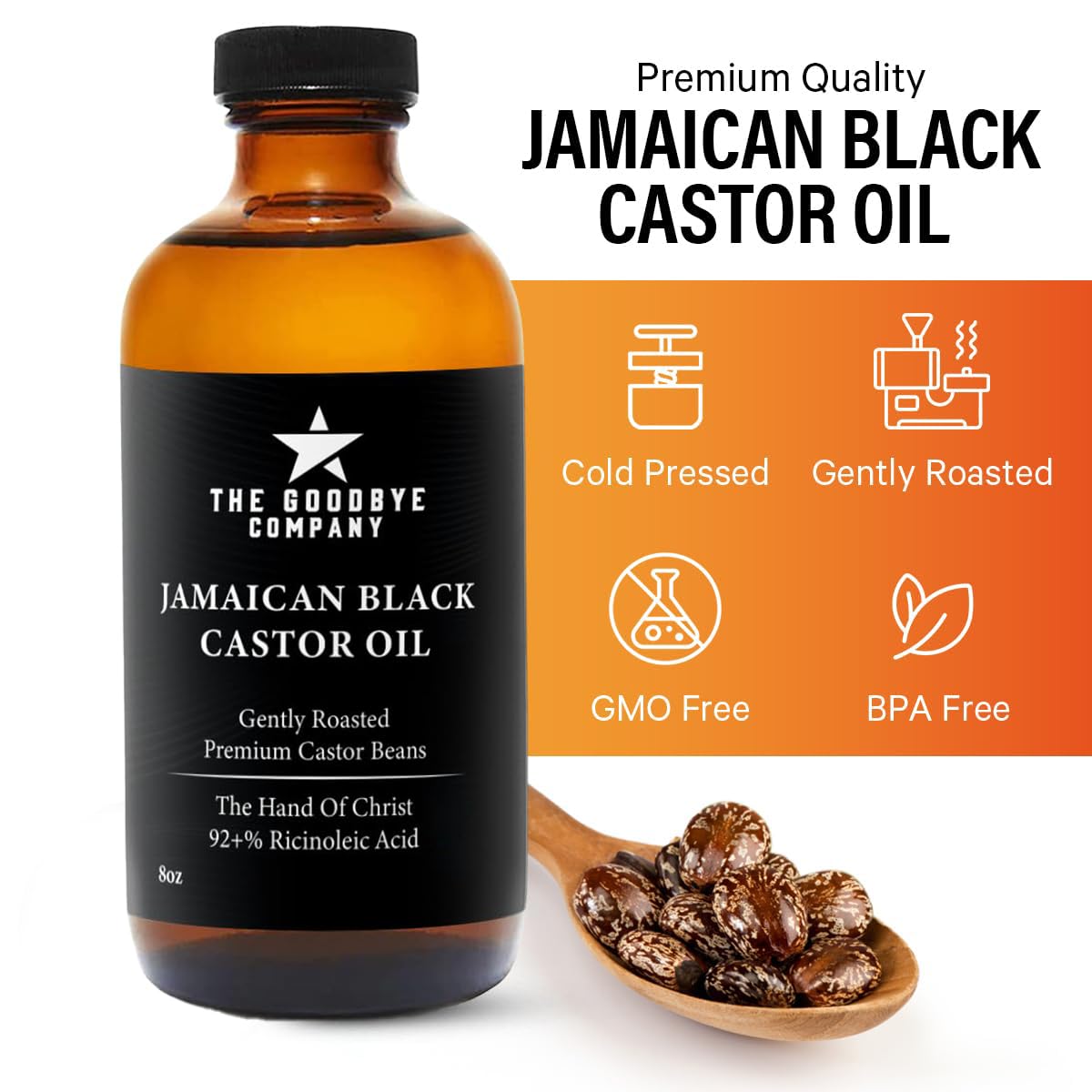 The Goodbye Company Jamaican Black Castor Oil, USDA Certified Organic - 250 mL, Cold Pressed, Unrefined for Eyebrow, Eyelash and Hair Growth (8.5 Ounces)