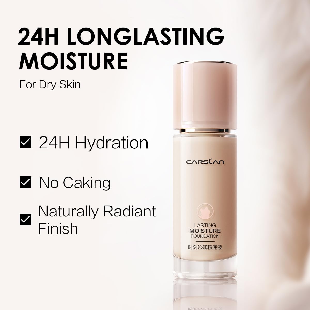 CARSLAN Lasting Moisture Foundation, 24H Longlasting Medium Coverage Dewy Finish Face Makeup, Poreless, Lightweight, Waterproof, Oil Free Liquid Foundation, P01