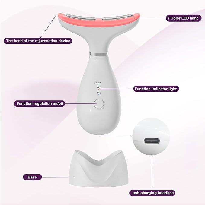 Facial and Neck Massager,7 Color LED Light Therapy for Face,Face Lift Device,Beauty Face Massager Tools for Skin Care (White)