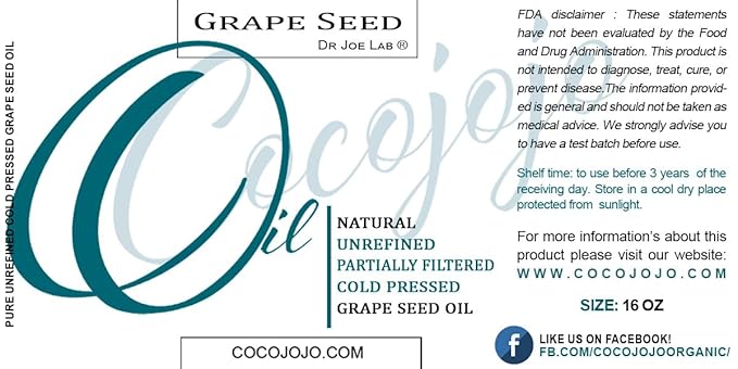 Grapeseed Oil Pure Natural Organically Sourced Grape Seed Cold Pressed 16 or 32 oz Hair Face Skin Massage Moisturizing (16 oz)