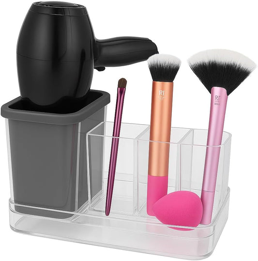 OnDisplay Hair Tool & Makeup Organizer with Silicone-Lined Compartment – Bathroom Counter Storage for Hair Dryer, Brushes, Sponges & Cosmetics – Clear Acrylic Vanity Holder with Removable Tray