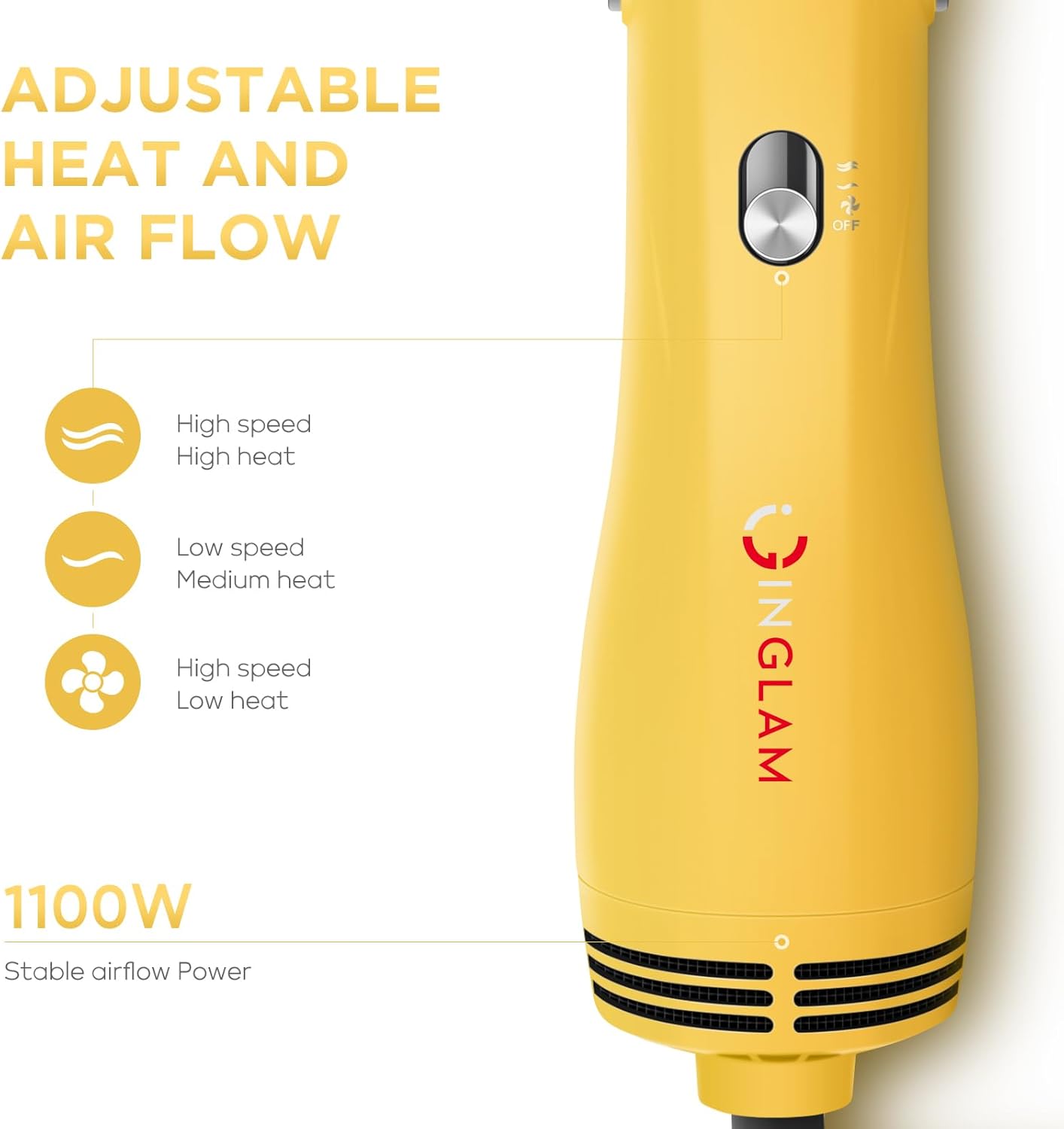IG INGLAM Hair Dryer Brush, 4-in-1 Detachable Blow Dryer Brush, Ionic Diffuser Hair Dryer & Styler Volumizer with Oval Titanium Barrel, One-Step Hot Air Blowout Styler, Yellow