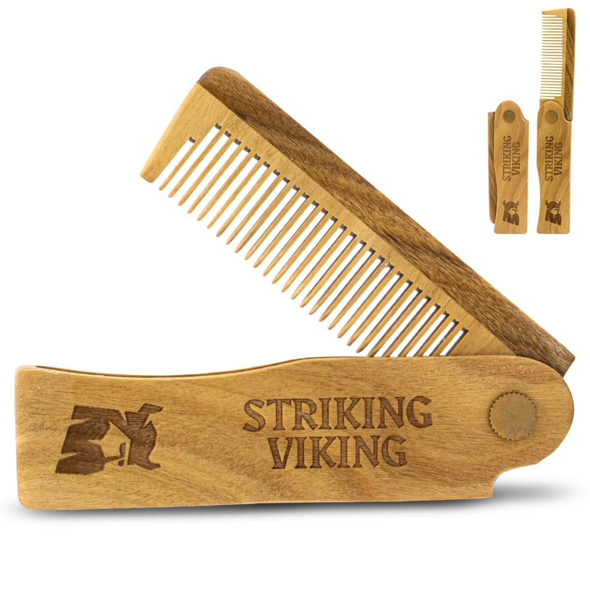 Striking Viking Folding Wooden Comb for Men - Sandalwood Switchblade Beard Comb for Grooming and Styling - Use Dry or With Oils & Balms