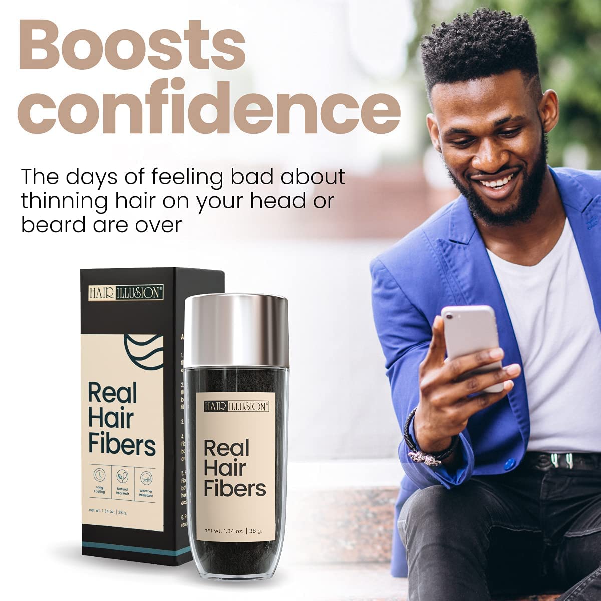 Hair Illusion Black Real Hair Fibers for Thinning Hair - 100% Natural Texture, Non Synthetic Hair Fibers - Bald Spot Cover Up for Women & Men - 38 Gram - Pack of 2