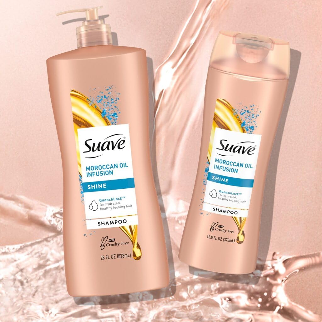 Suave Moroccan Oil Infusion Shine Shampoo 2-Size Bundle, Gentle Everyday Cleanser for Smooth, Shiny Hair
