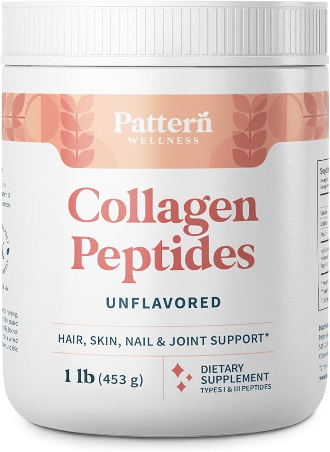 Pattern Wellness Collagen Peptides Powder (Type I & III) - Hair, Nails, Skin and Joint Health - Grass Fed & Pasture Raised - Hydrolyzed Collagen, Non-GMO, Dairy Free, & Keto - Unflavored (16 Oz)