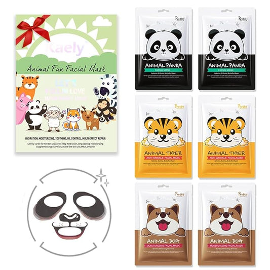 Kaely 6 Pack Animal Character Sheet Masks, Face Masks for Kids Teens Skin Care, Korean Soothe Facial Mask for All Skin Types, Girls Night Skincare Spa Party, Birthday Gifts for Women Men, Set01