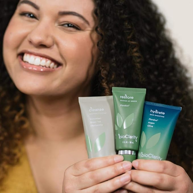 BioClarity 3-Step Essentials Skin Routine, for Normal & Oily Skin Types, Cleanse Restore Hydrate, Gentle Clean Face Care, 100% Clean Vegan Ingredients, Mini Size