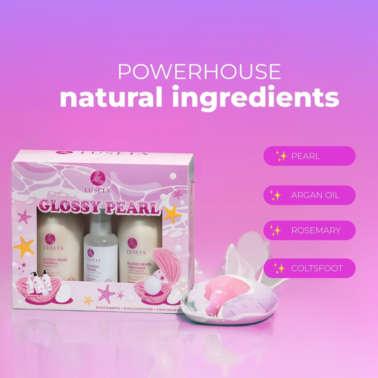 Luseta Glossy Pearl Trio Hair Care Set Smoothing & Moisturizing Shampoo and Conditioner Hydrating Hair Oil Detangle,Nourish Strands Add Shine