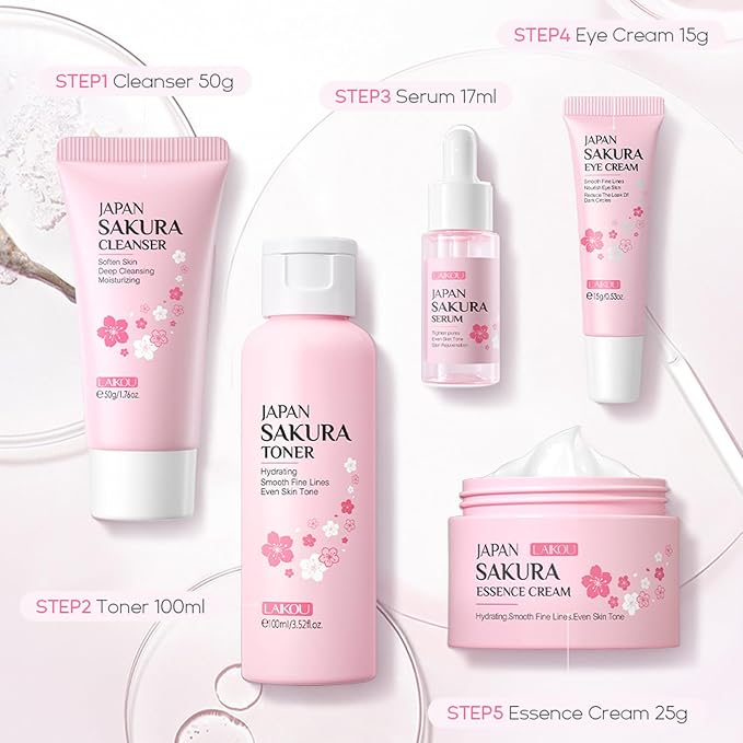 5Pcs Skin Care Set Sakura Women Beauty Gift Sets Korean Skin Care Kit with Cleanser, Face Serum, Face Cream,Toner,Eye Cream, Mud Mask - Skin Care Routine Kit for Women (Sakura)