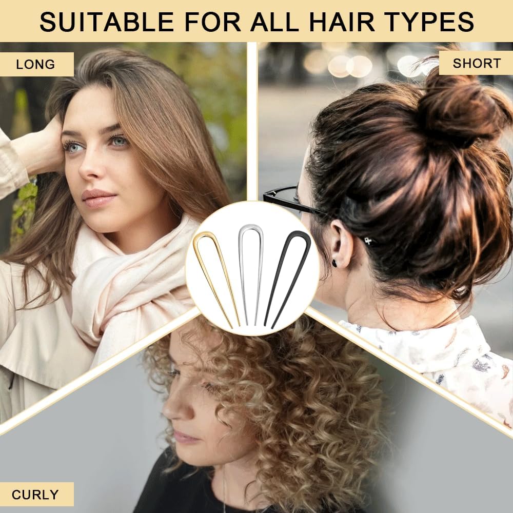 3 Pcs French Hair Pins for Women, Metal Hair Accessories for Buns, French Twists, Updos, Elegant Hair Clips for Long, Thick, Curly, Thin, or Fine Hair, Durable and Stylish Hair Styling Set