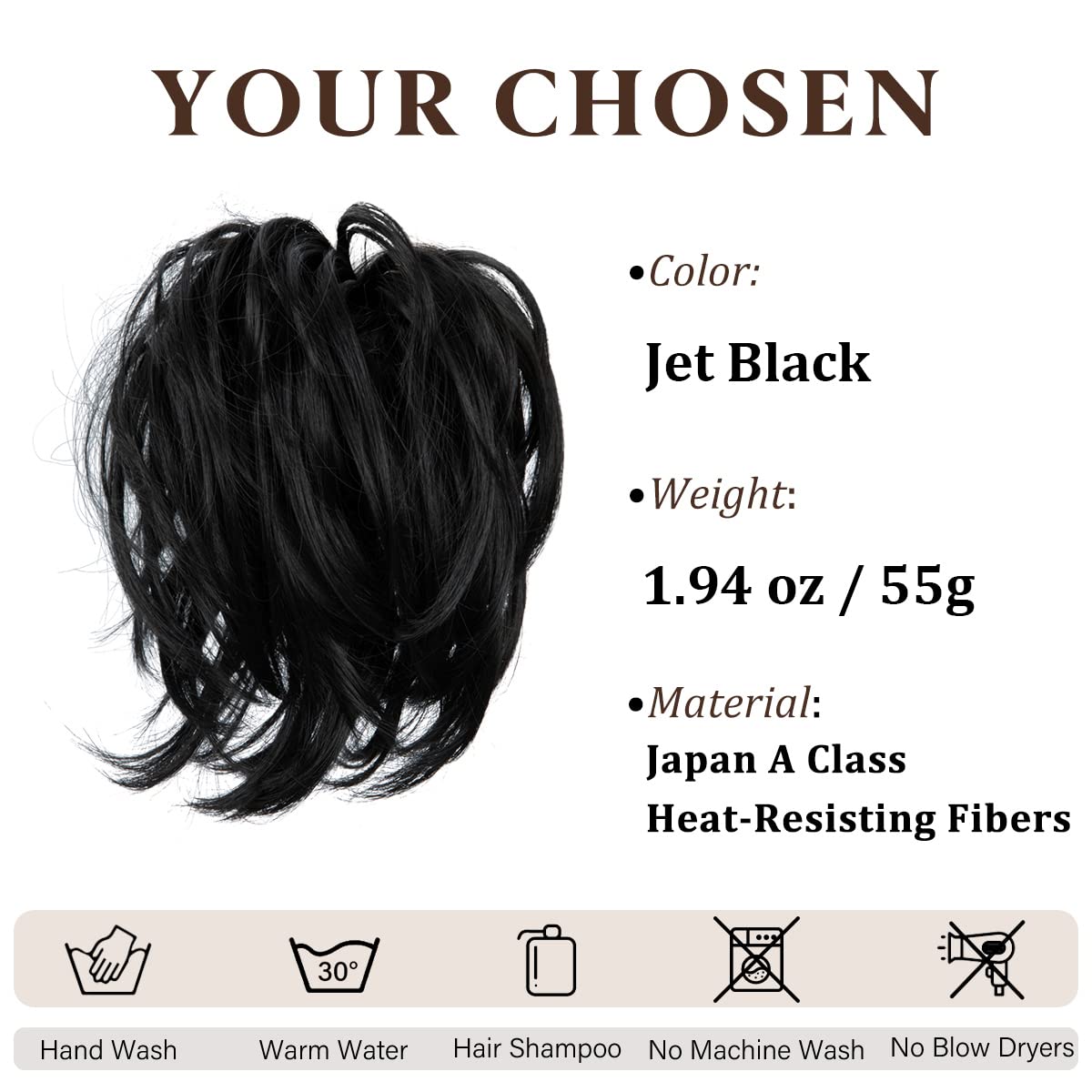 CJL HAIR Large Messy Bun Hair Piece Wavy Curly Scrunchies Synthetic Chignon Ponytail Hair Extensions Thick Updo Hairpieces for Women Jet Black