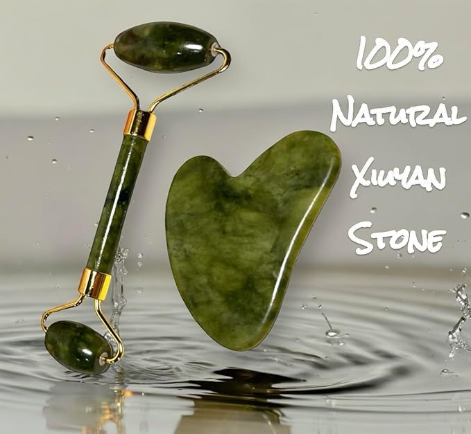 VIVIDUS Gua Sha and Jade Roller Set for Facial Massage, Improve Wrinkles, Reduce Puffiness and Redness, Gua Sha Stone Self Care Gift Set for Women Men (Green)