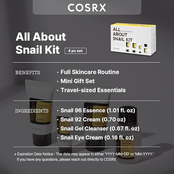 COSRX All About Snail Set + Hydrogel Mask 3EA- Snail Mucin Skincare Set and Glass Glow Hydrogel Collagen Face Mask, Travel Essentials, Stocking Stuffers, Korean Skin Care