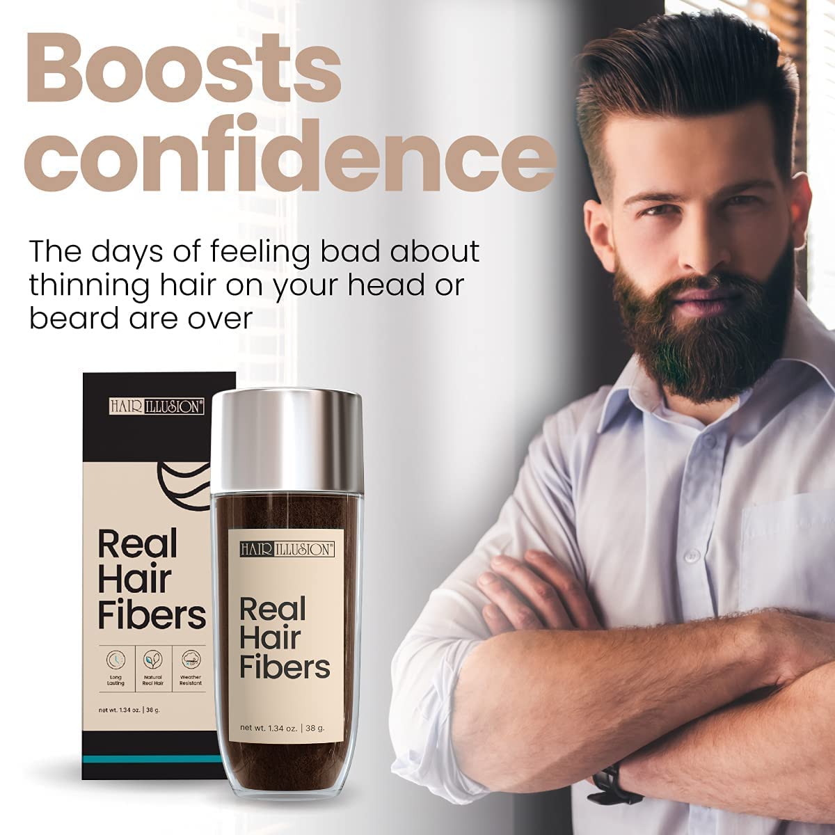 HAIR ILLUSION - 100% Natural Human Hair Fibers *Not Synthetic* For Men & Women, Premium Hair Building Formulation, Large 38g Bottle (brown)