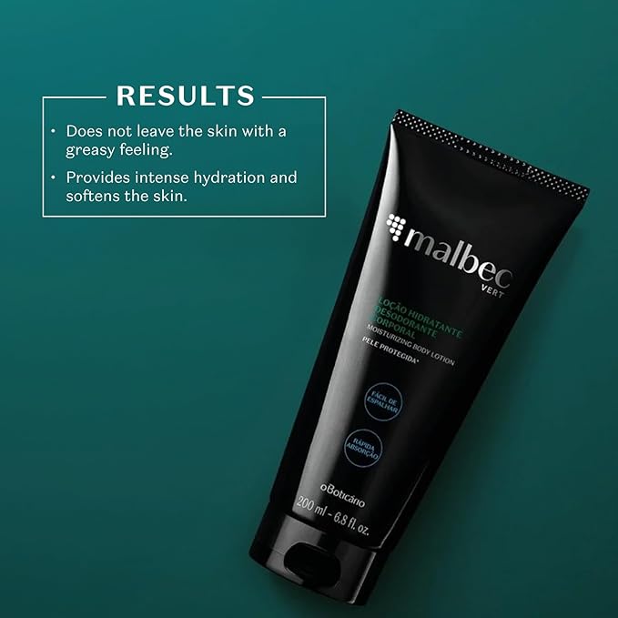 Malbec Vert Moisturizing Body Lotion for Men by O Boticário, Scented Moisturizer Non-Greasy Hydrating Cream for Dry Skin, 6.8 Ounce