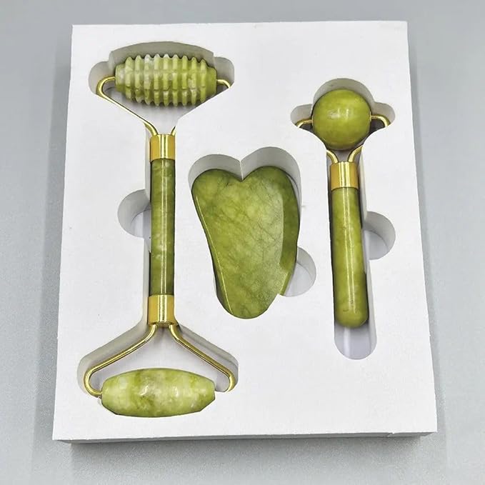 Three-Piece Facial Skincare Products - Unique Double-Sided & Textured Jade Roller, Precision Globular Roller, & Gua Sha Scraper - Reduce Puffiness - Face Roller and Gua Sha Set, Green