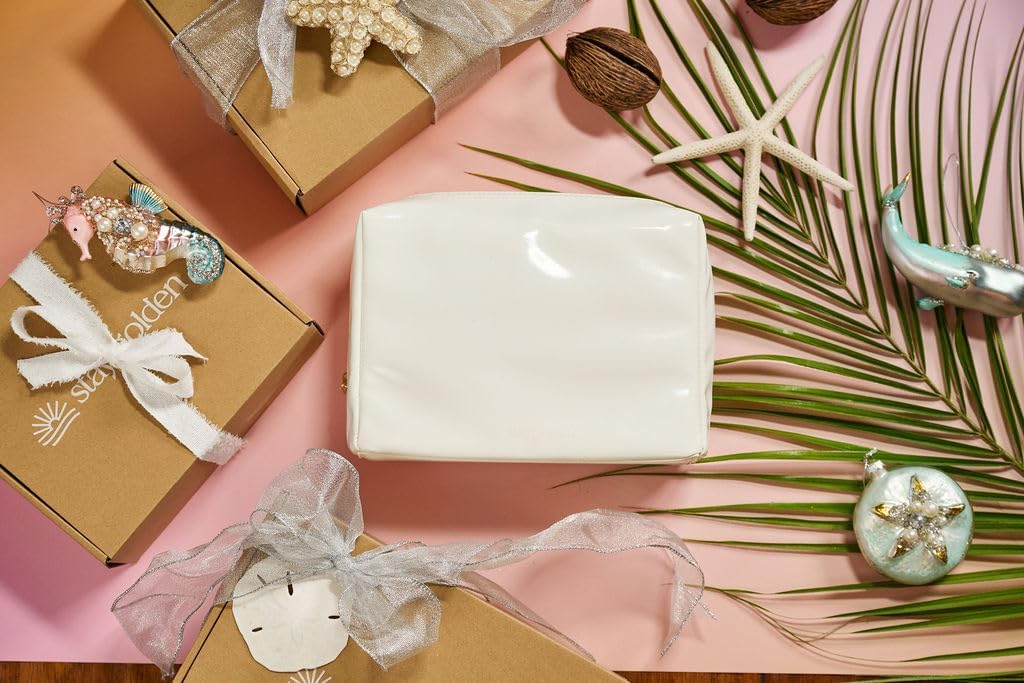 Stay Golden Insulated Waterproof Makeup Bag for Women Heat-Resistant Travel Cosmetic & Toiletry Bag | Luxurious Vegan Leather Portable Makeup Organizer - (Silver Zipper, White)