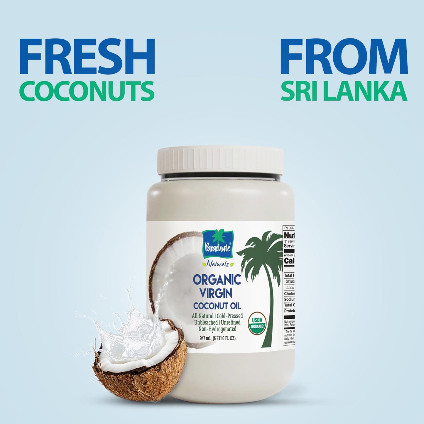 "Parachute Naturalz Organic Virgin Coconut Oil | Cooking Oil, Hair Oil, Body Oil & Oil Pulling | Cold Pressed | Unbleached | Unrefined | Non-Hydrogenated | MCT Oil | USDA Certified | 32 Fl. Oz | Plastic Jar"