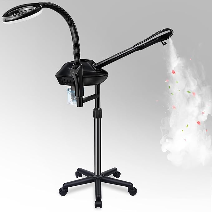 Professional Facial Steamer on Wheels, 2-in-1 Facial Steamers with 5X Magnifying Lamp, Ozone Facial Steamer for Facial Deep Cleaning, Facial Humidifier for Spa, Salon and at Home Use
