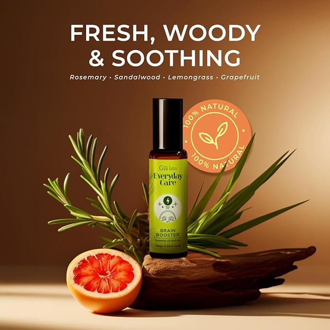 Gya Labs Brain Booster Essential Oil Roll on - Refreshing Brain Essential Oils Roller, 100% Pure Natural, Blend with Rosemary, Sandalwood, Lemongrass & Grapefruit, Travel Size (0.34 Fl Oz)