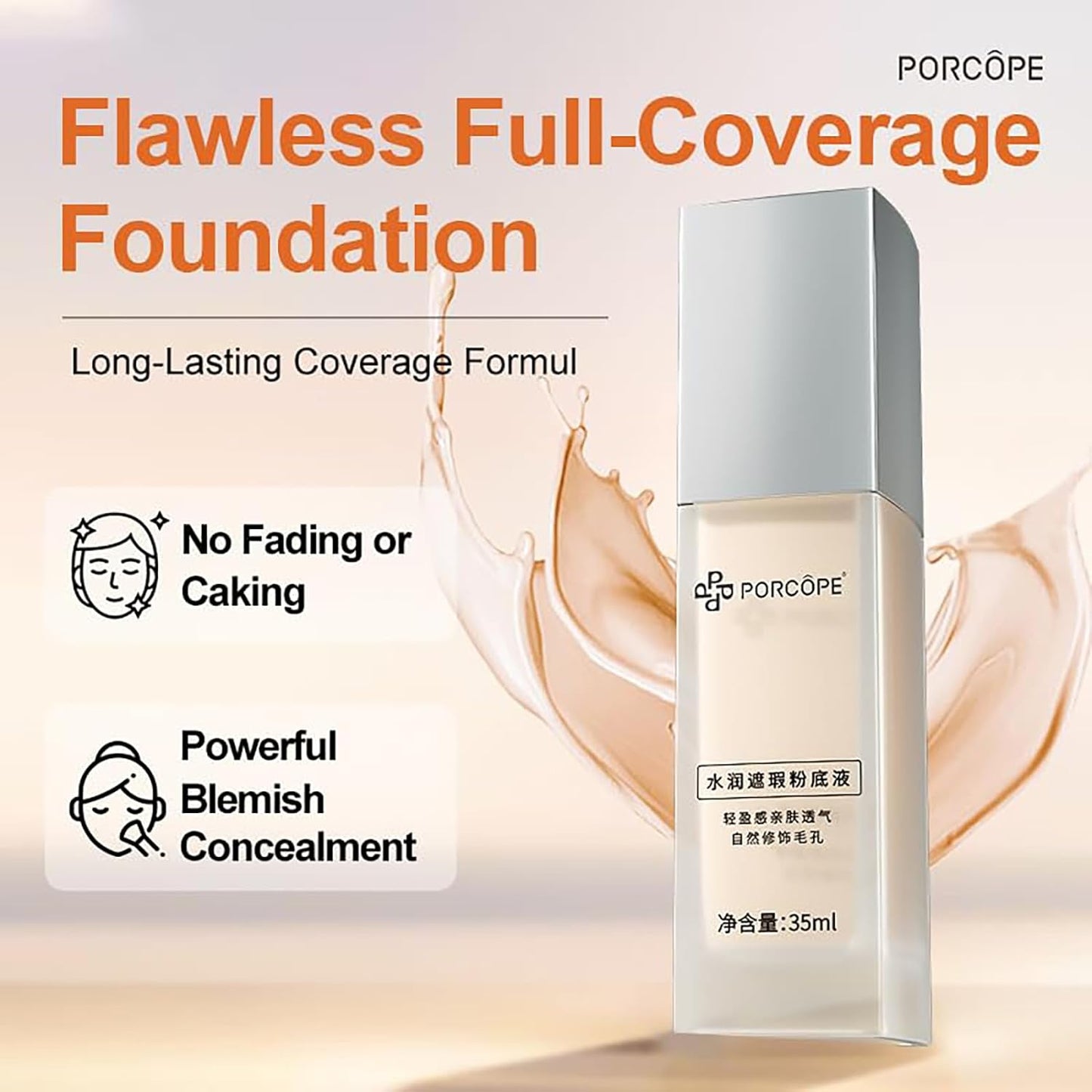 PORCOPE Small Silver Cap Liquid Foundation Modifies Pores and Blemishes, is Not Easy to Remove Makeup, Brightens Combination Dry and Oily Skin, Fits well Without Makeup 1.2fl.oz/35ml