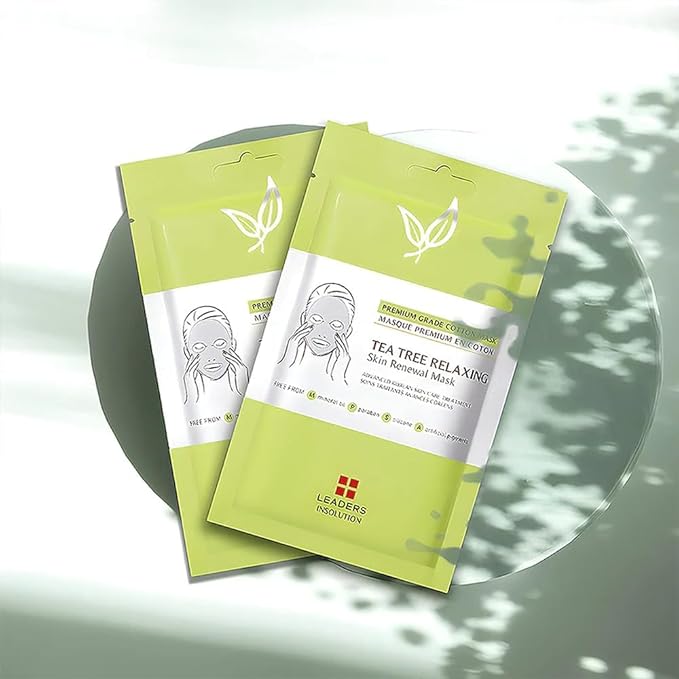 Leaders Insolution Tea Tree Relaxing Skin Renewal Mask | Soothing Facial Sheet for Acne, Oil Control, and Sensitive Skin | Hydrating Botanicals | Calms Redness, Smooth (5 Sheets)