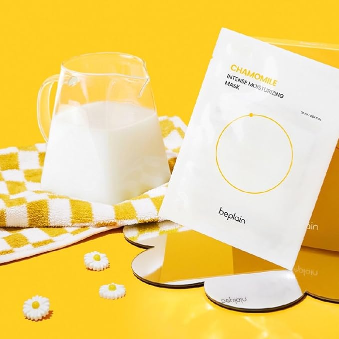 beplain Chamomile Intense Moisturizing Facial Mask, Hydrating & Soothing Sheet Mask for Sensitive, Dry Skin | Vegan | Elasticity Improvement | Fragrance-Free | Korean Skin Care | 5ea