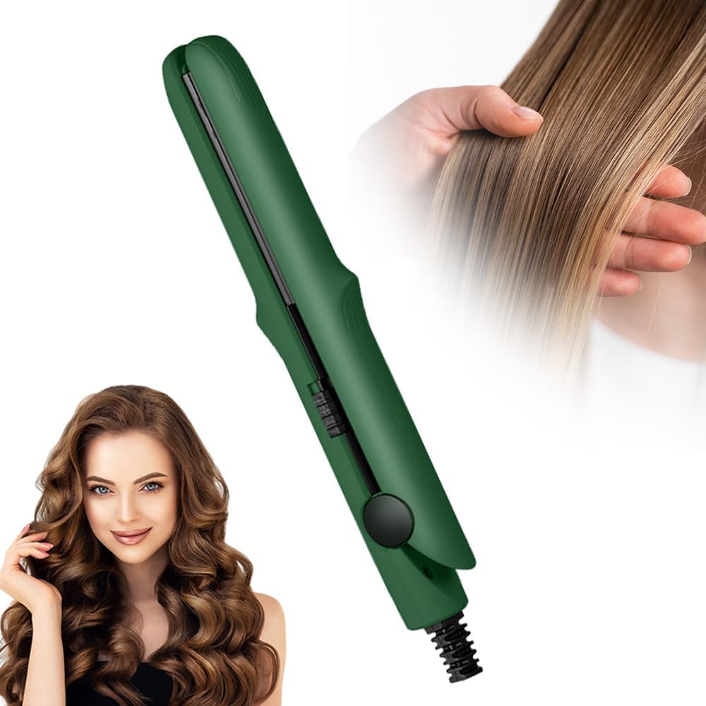 Upgrade 2-in-1 Curling Wand and Flat Iron, 2025 Upgrade Mini Dual Purpose Curling Iron, Portable Hair Straightener Travel Curling Wand for Women Short and Long Hairs, All Hair Types (Dark Green)