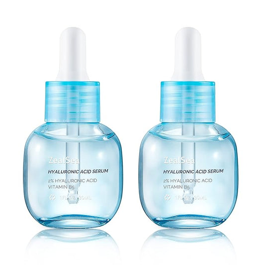 ZealSea Hyaluronic Acid Serum for Face 2 x 30ml, Facial Serum 2% Pure Hyaluronic Acid with Vitamin B5, Anti-Aging Skin Care Day & Night Hydrating Serum for Sensitive Skin and Dry Skin