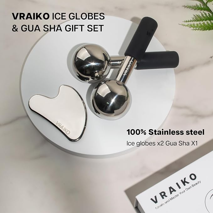 ICE Globes for Facials & Gua Sha Set, Gua Sha Facial Tools and Cryo Sticks with Unbreakable Steel, Face Massager Cooling Rollers for Dark Circles, Puffiness and Lymphatic Drainage (Black)