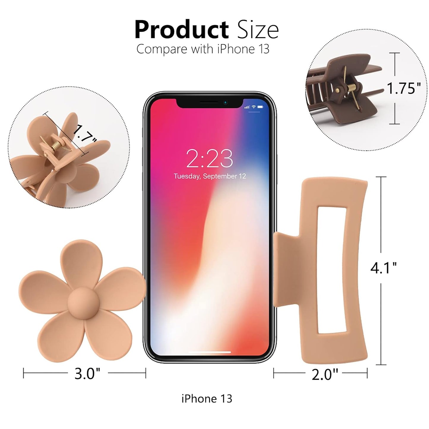 6 Pack Large Claw Clips for Women, Square & Flower Hair Clips for Thick Hair, Matte Neutral Colors