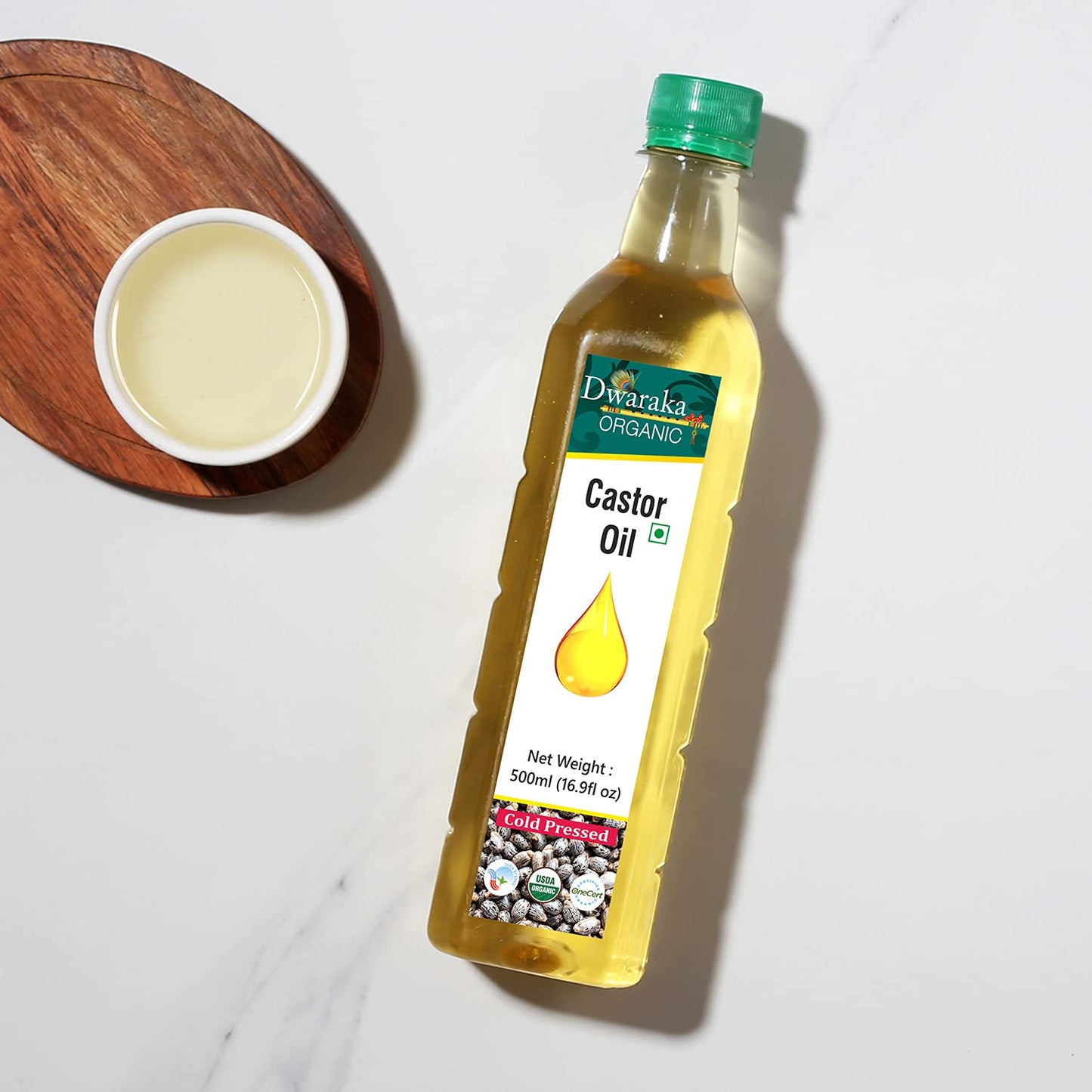 Dwaraka Organic Cold Pressed Castor Oil for Digestion, Hair Growth, Skincare and Massages - 16.9 Fl Oz (500 ML) | USDA Organic, Non-GMO, All Natural