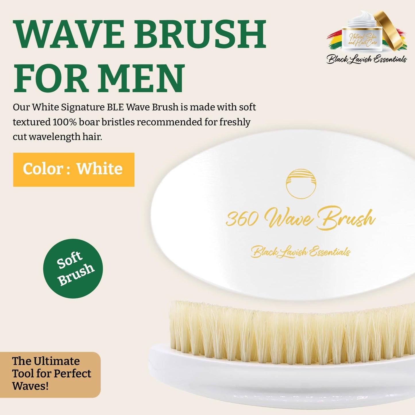 360 Wave Brush, Build Deeper Waves, Soft & Hard Boar Bristle, Curved Design, Black Lavish Essentials Signature (White, Soft Brush)