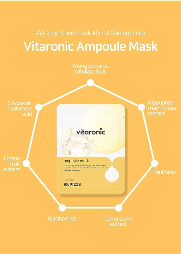 [K Beauty Snp] Vitaronic Ampoule Sheet Mask | Nourishing, Moisturizing, and Refreshing for All Skin Types with Vitamin B, C, D, and E | Face Masks Skincare | Korean Skin Care Facial Mask | 10 Sheets