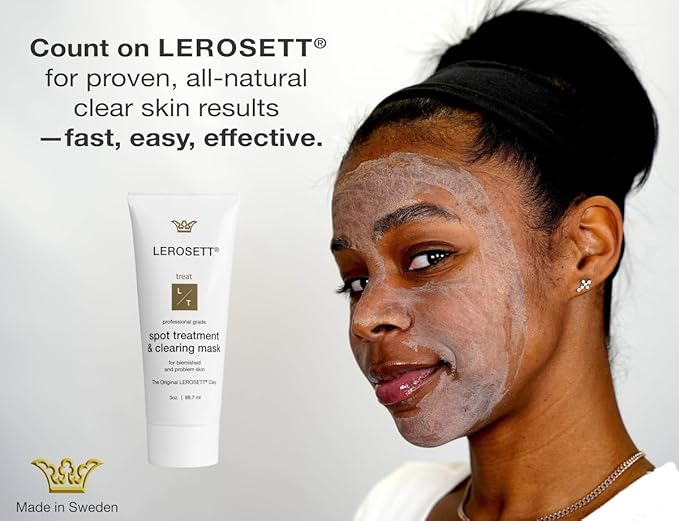 LEROSETT Facial Clay Mask for Acne, Oily Skin, Visibly Tightens Pores. Overnight Spot Treatment for Pimples, Blemishes, Cysts, Blackheads. 100% Natural, Spa-Grade, Made in Sweden Since 1987
