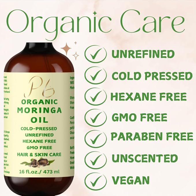 Organic Moringa Oil – 100% Pure & Cold-Pressed, Unrefined & Hydrating Oil for Face, Body & Hair – Nourishing Skin & Hair Moisturizer – 16 fl oz Glass Bottle with Pump