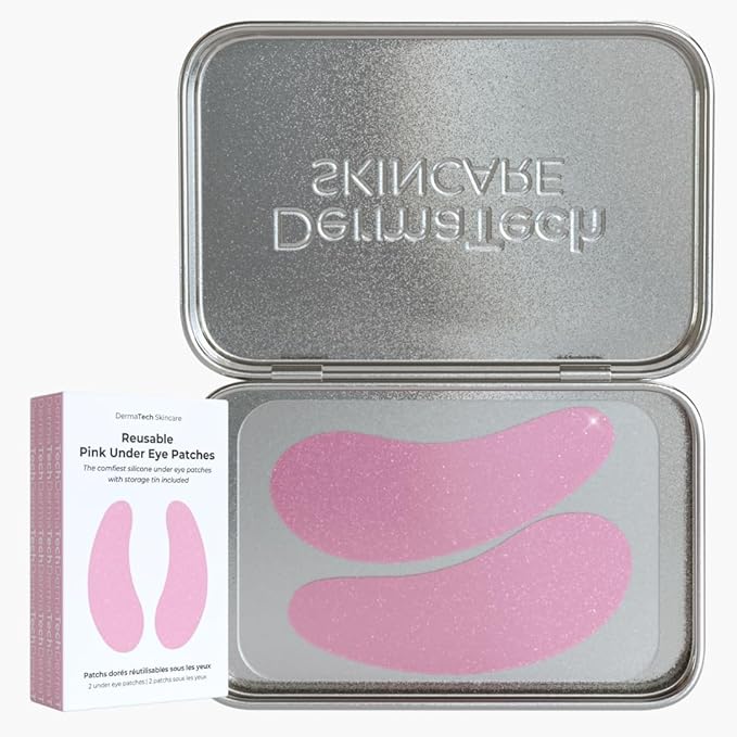 Pink Reusable Under Eye Patches Eco-Friendly Wrinkle Patches with Tin Case | 100% Silicone Reusable Facial Patches | For Puffy Eyes, Dark Circles, Reducing Wrinkles (Pink)