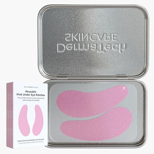 Pink Reusable Under Eye Patches Eco-Friendly Wrinkle Patches with Tin Case | 100% Silicone Reusable Facial Patches | For Puffy Eyes, Dark Circles, Reducing Wrinkles (Pink)