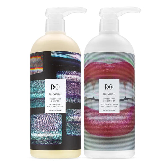 R+Co Television Perfect Hair Shampoo & Conditioner Set + Deluxe Sample (0.5oz) | Smooths, Adds Shine & Volume | Vegan + Cruelty-Free | 33.8oz (Pack of 2)