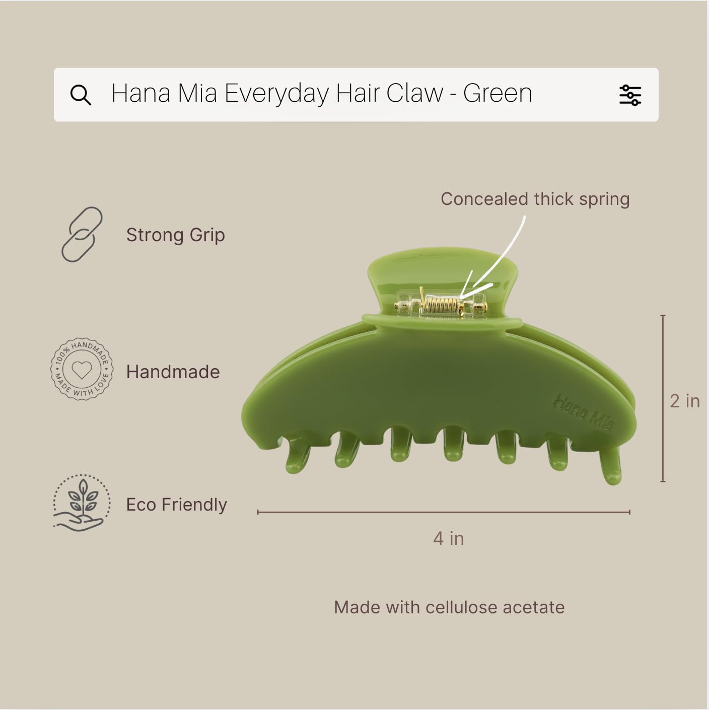 Premium Durable Acetate Hair Accessories - Large No-Slip 4 Inch Claw Clips for Women's Thick Hair (Green)