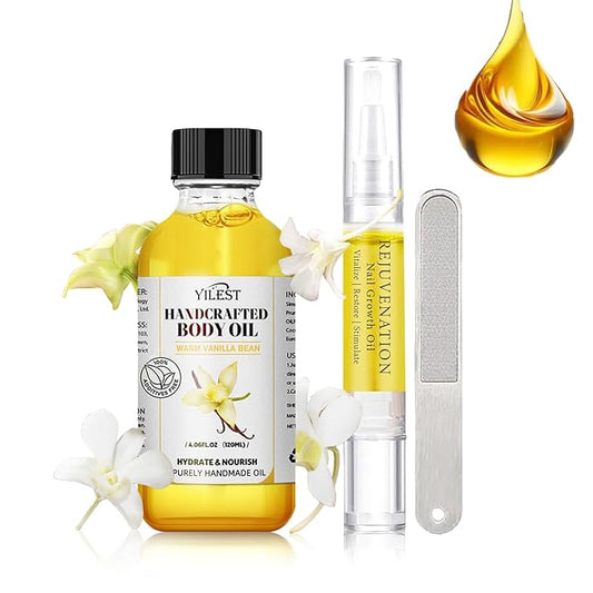 Vanilla Body Oil& Rejuvenation Nail Growth Oil for Dry Skin & Growth And Strength Rejuvenation ，Hydrating & Nourishing Moisturizer Nail Growth Oil Rejuvenation，Body Care Set for Women and Men