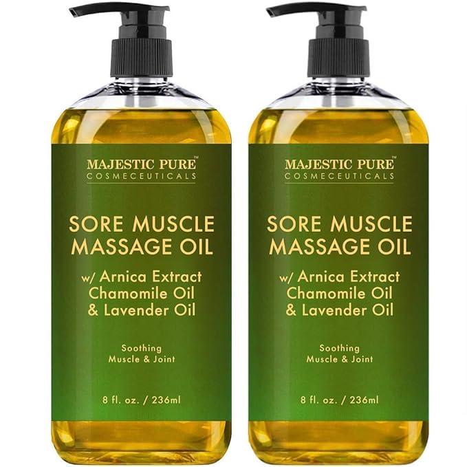 Majestic Pure Arnica Sore Muscle Massage for Massage Therapy - Natural Oil with Lavender and Chamomile Essential Oils - Multipurpose Instant Absorption Full Body Massage Oil - 8 Fl Oz (Pack of 2)