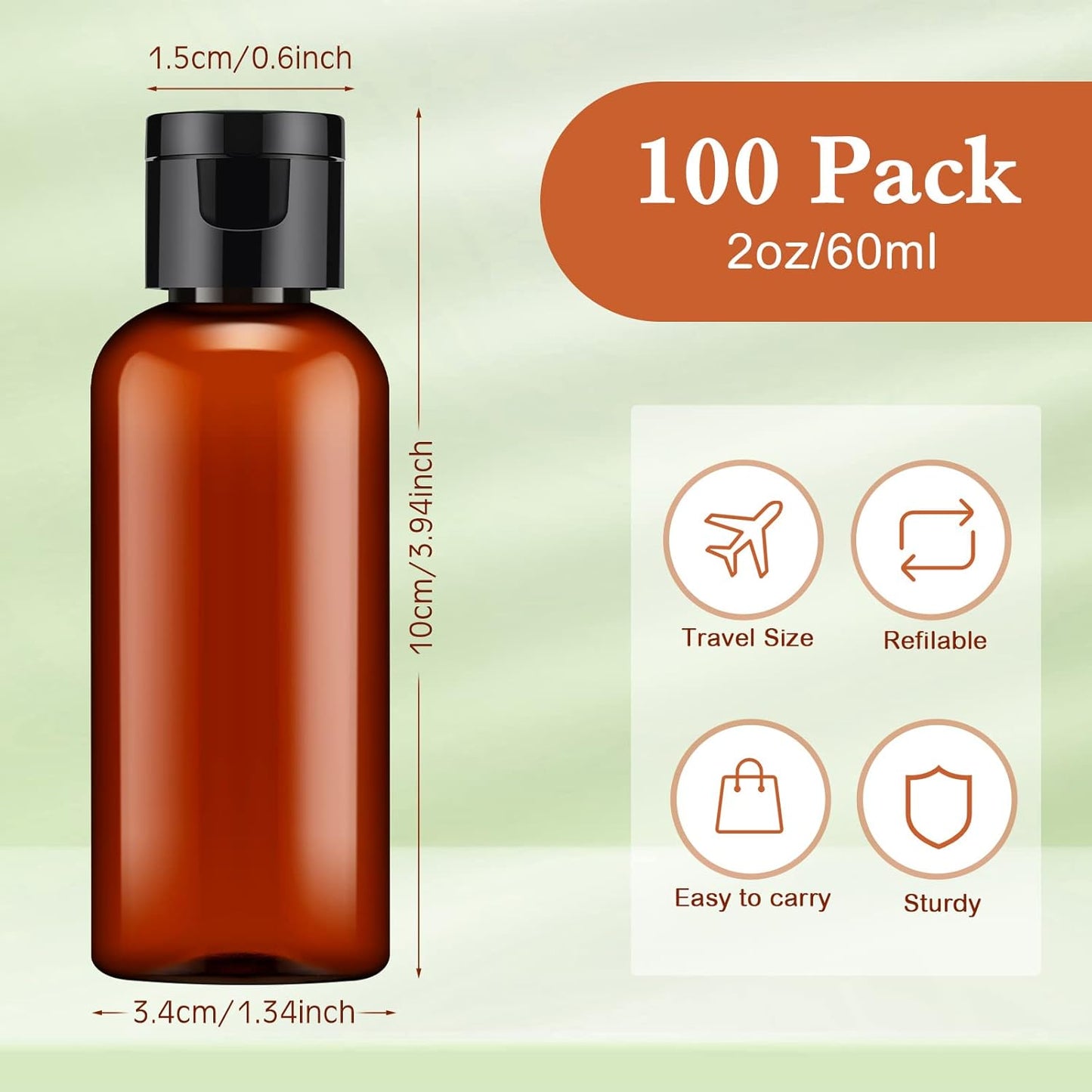 Eccliy 100 Pack 2 oz Travel Bottles Plastic Bottles with Lids Refillable Travel Size Cover Cap Plastic Liquid container for Toiletries Lotions Shampoo Creams Dispensing with 5 Funnels(Brown)