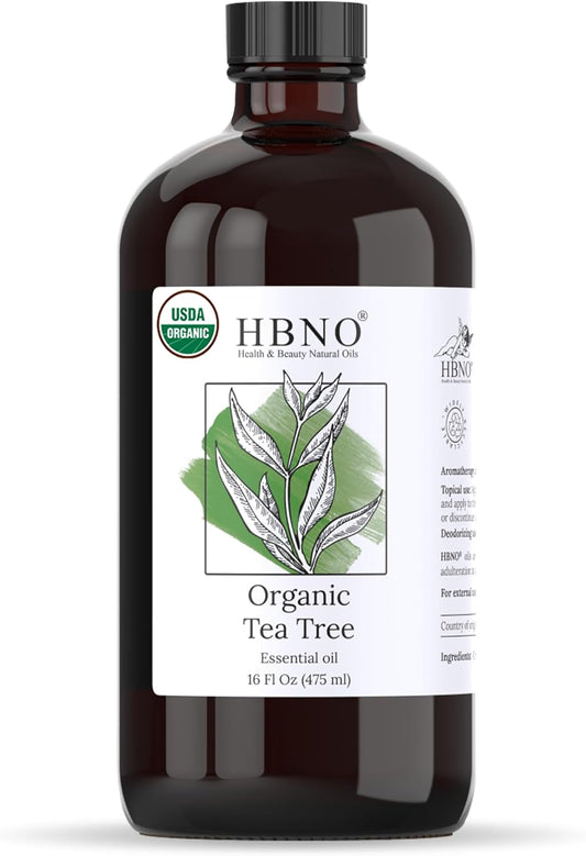 HBNO Organic Tea Tree Oil - Huge 16 oz (475ml) Large Size - Ideal for Diffusers, Cleaning Agents, Deodorizers, and Flavoring Agents.