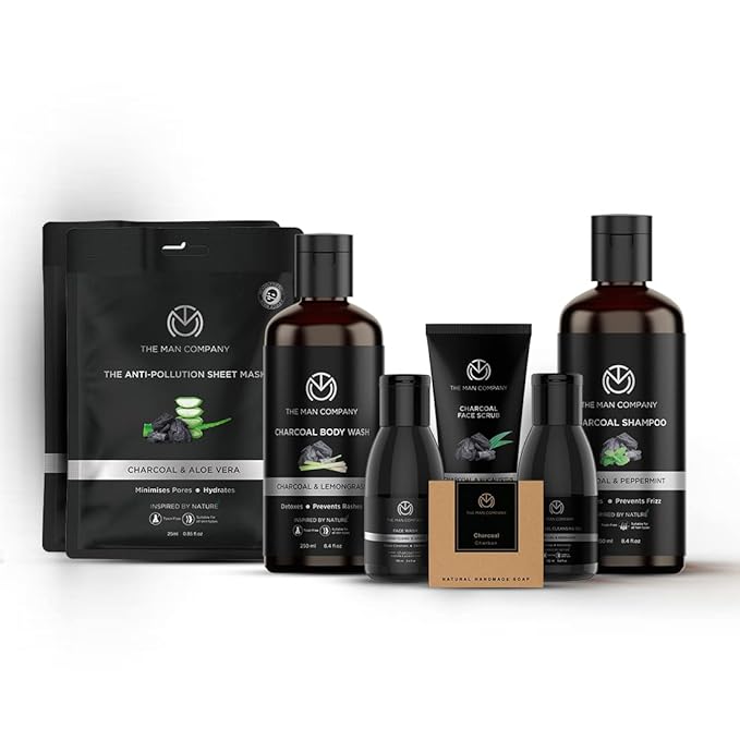 The Man Company Ultimate Charcoal Detan Kit with Elegant Gift Box | Charcoal Body wash, Shampoo, Face Scrub, Face wash, Charcoal Soap, Cleansing gel, Charcoal Sheet mask*2 (Set of 8)